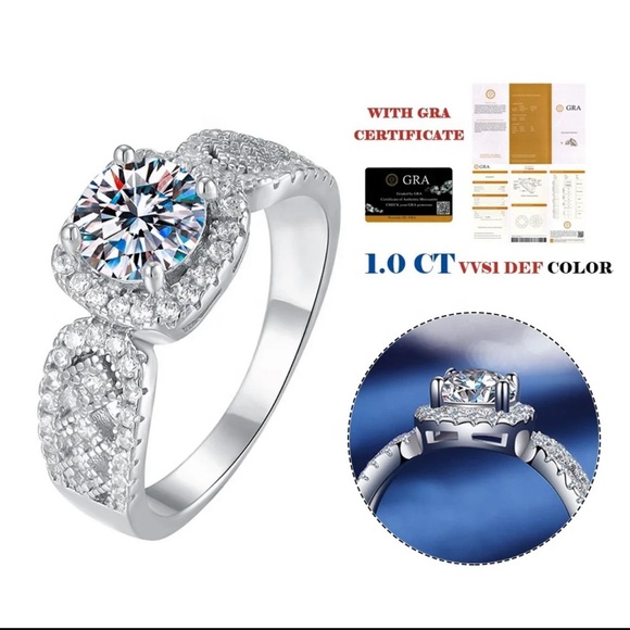 One Carat Diamond Moissanite Silver Engagement Wedding Ring - Picture 6 of 11